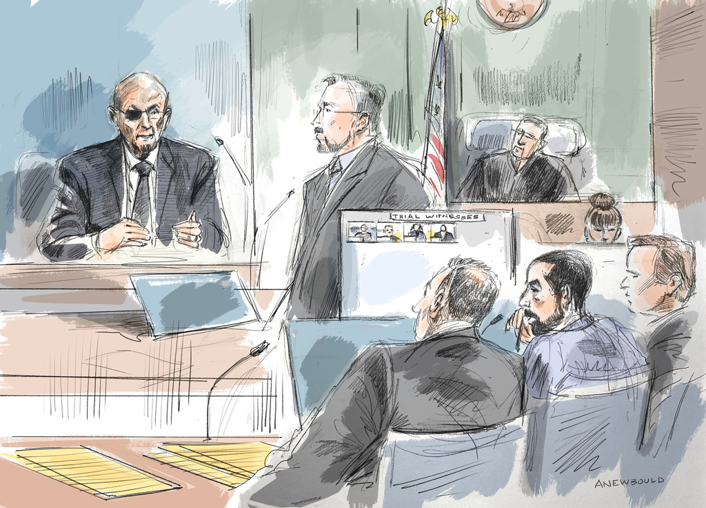 In this courtroom sketch, Salman Rushdie, left, testifies in federal court during the terrorism trial for Hadi Matar, Rushdie's alleged attacker, shown second from bottom left, Thursday, July 23, 2026, in Buffalo, N.Y. (Alexandra Newbould via AP)
