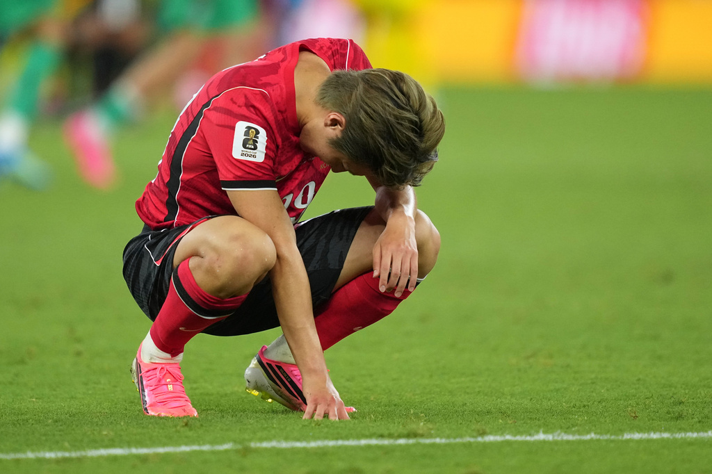 South Korea's Lee Kang-in (19) reacts at the end of the World Cup Group A soccer match between South Africa and South Korea in Guadalupe, near Monterrey, Mexico, Wednesday, June 24, 2026. (AP Photo/Moises Castillo)