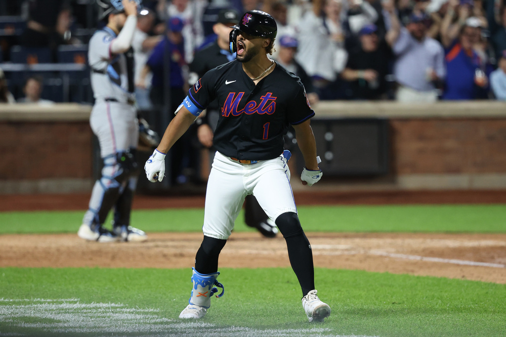 New York Mets' MJ Melendez reacts after hitting a walkoff two-run home run during the 10th inning of a baseball game against the Miami Marlins, Friday, May 29, 2026, in New York. (AP Photo/Pamela Smith)