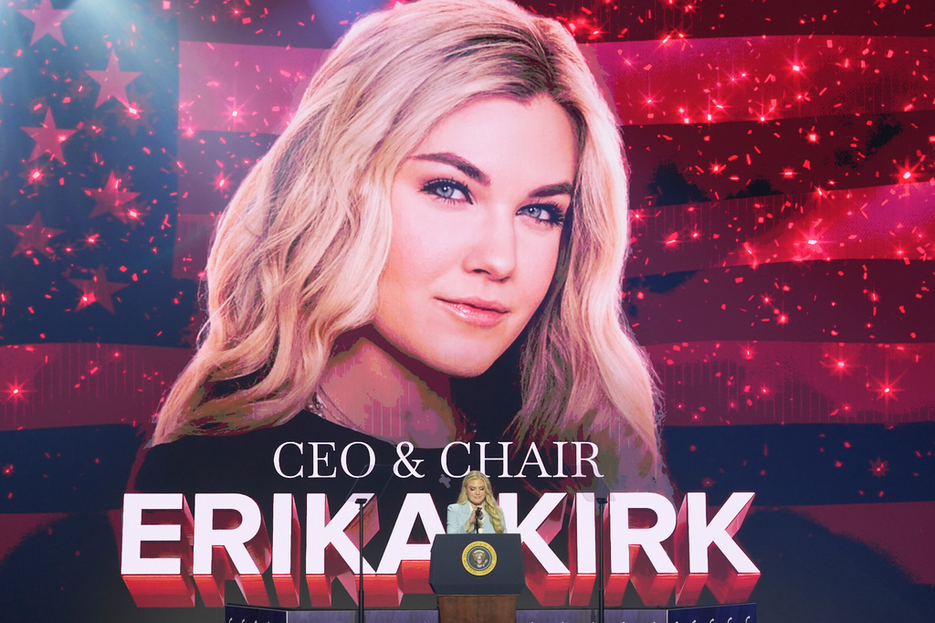 Erika Kirk speaks before President Donald Trump at a Turning Point USA event at Dream City Church, Friday, April 17, 2026, in Phoenix. (AP Photo/Ross D. Franklin)