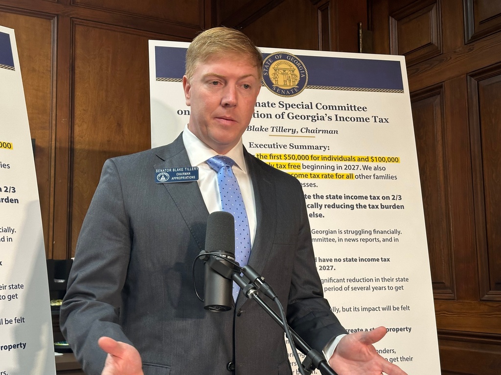 Georgia State Sen. Blake Tillery, R-Vidalia, speaks to reporters about a proposal to eliminate the state's personal income tax on Wednesday, Jan. 7, 2026, at the Capitol in Atlanta. (AP Photo/Jeff Amy)