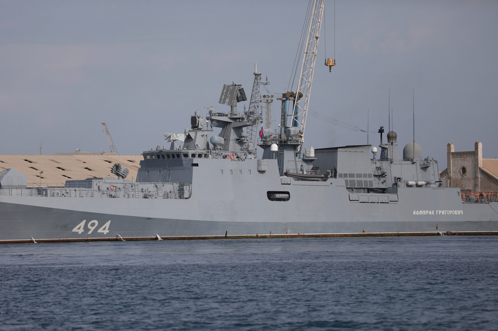 FILE - A Russian warship is docked in Port Sudan, Sudan, on Feb. 28, 2021. (AP Photo, File)