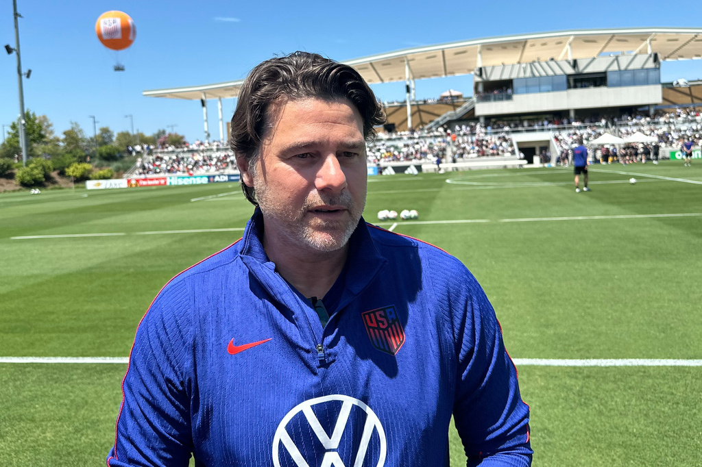 United States head coach Mauricio Pochettino speaks to reporters after the national team's first practice at its World Cup soccer tournament training base in Irvine, Calif., Monday, June 8, 2026. (AP Photo/Greg Beacham)