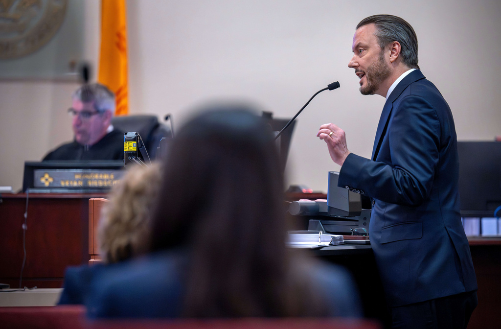 Meta attorney Kevin Huff makes closing arguments, Monday, March 23, 2026, in state court, in Santa Fe, N.M., in a trial where the social media conglomerate is accused of misleading its users about how safe its platforms are for children. (Eddie Moore/The Albuquerque Journal via AP, Pool)