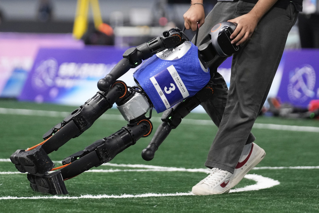 A technician assists a robot during a Soccer Event at the World Humanoid Robot Games in Beijing, China, Friday, Aug. 15, 2025. (AP Photo/Mahesh Kumar A.)