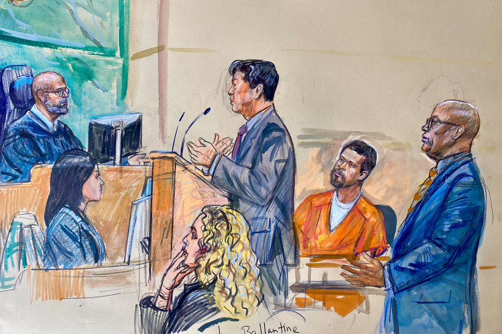 This courtroom sketch depicts Cole Tomas Allen, second from right, listening as his attorney Eugene Ohm, left, speaks to U.S. Magistrate Judge Zia Faruqui, Monday, May 4, 2026, in Washington, as Tony Towns, the acting general counsel for the District of Columbia Department of Corrections, right, and assistant U.S. Attorney Jocelyn Ballantine, lower center, listen. (Dana Verkouteren via AP)