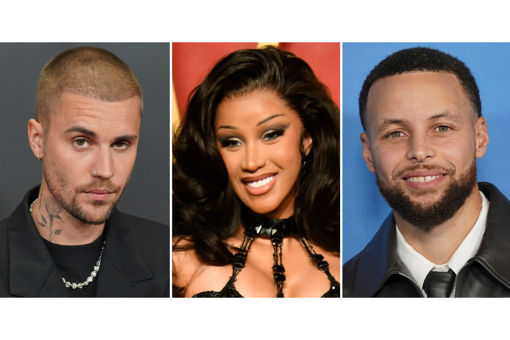 This combination of images shows Justin Bieber, from left, Cardi B, and Stephen Curry. (AP Photo)