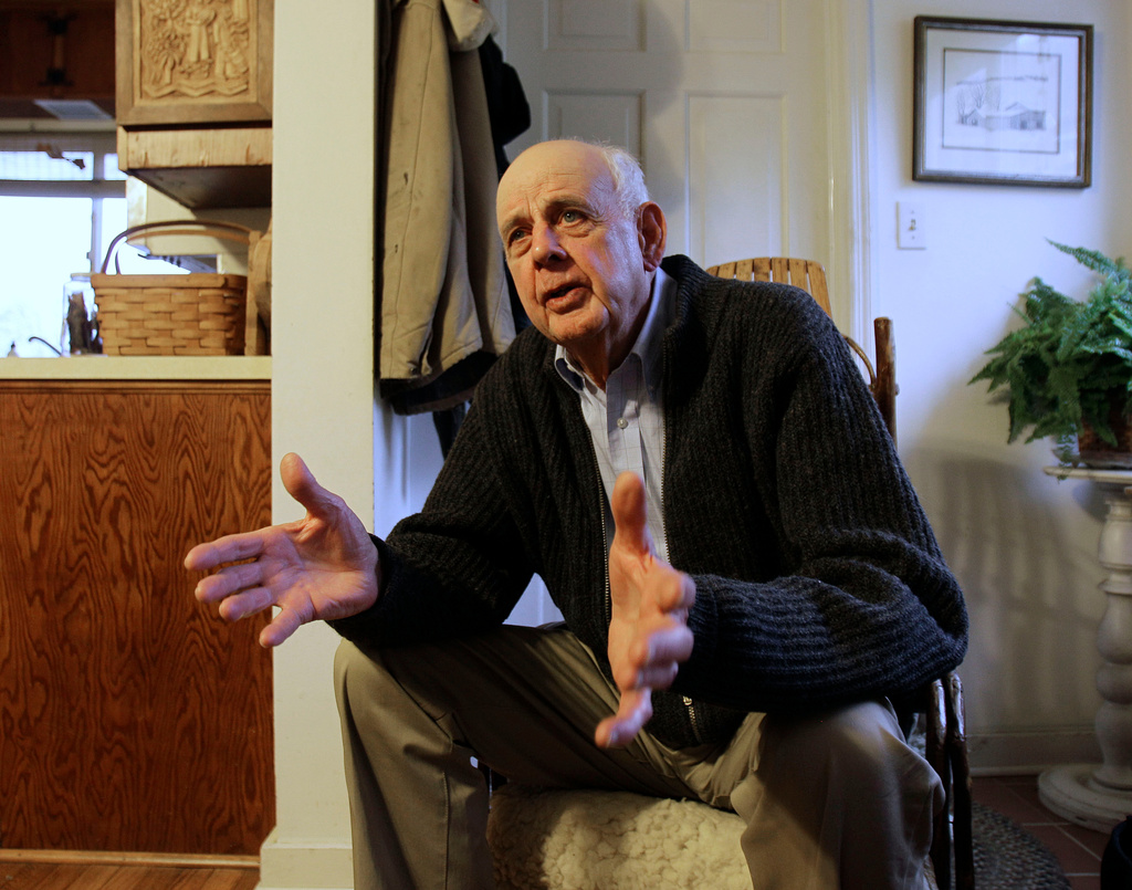 FILE - Wendell Berry talks with a reporter at his home in Port Royal, Ky., March 10, 2011. (AP Photo/Ed Reinke, File)