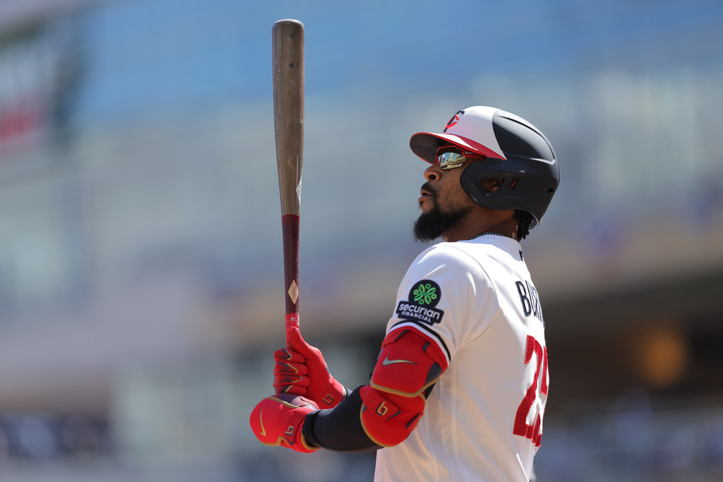 Minnesota Twins designated hitter Byron Buxton (25) looks on before an at-bat during the first inning of a baseball game against the Tampa Bay Rays, Sunday, April 5, 2026, in Minneapolis. (AP Photo/Bailey Hillesheim)
