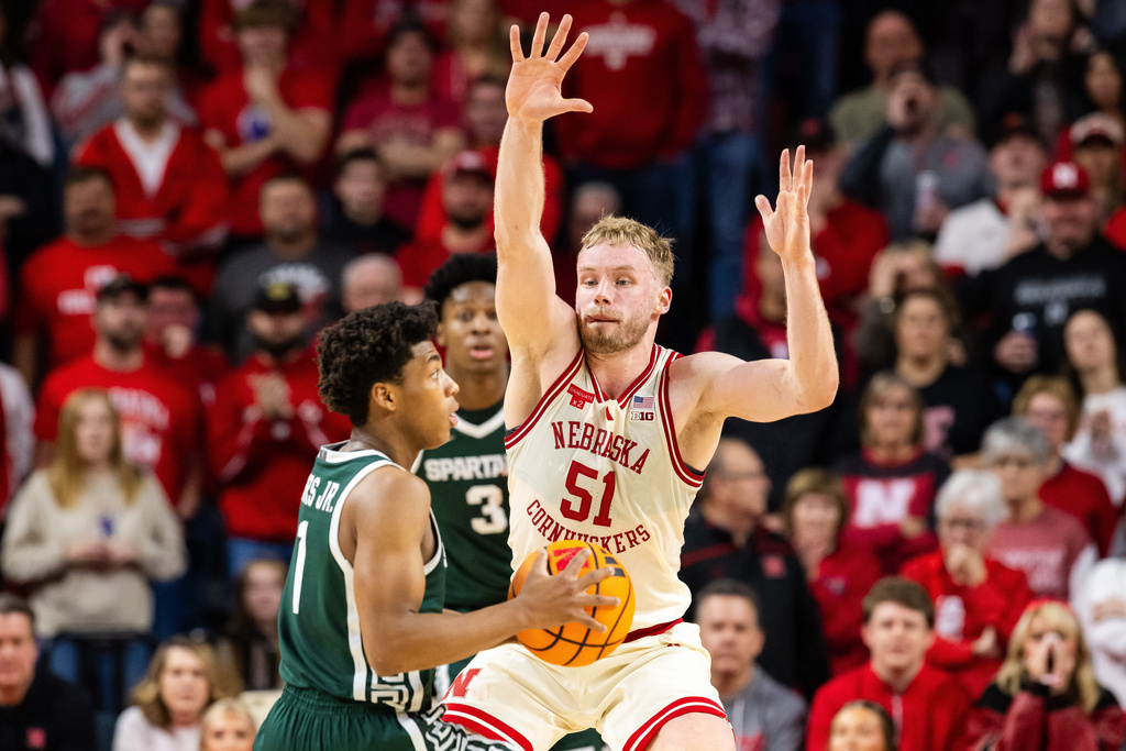 Nebraska forward Rienk Mast (51) guards against Michigan State guard Jeremy Fears Jr. (1) during the first half of an NCAA college basketball game, Friday, Jan. 2, 2026, in Lincoln, Neb. (AP Photo/Bonnie Ryan)