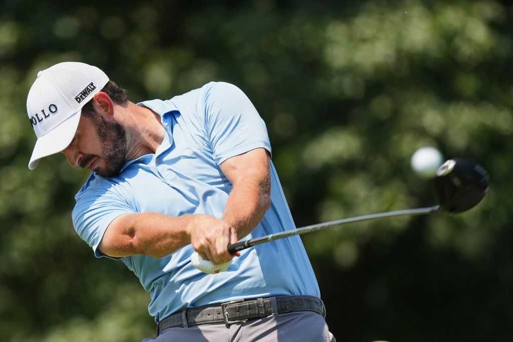 Patrick Cantlay hits from the fifth tee during the third round of the BMW Championship golf tournament Saturday, Aug. 22, 2026, in St. Louis. (AP Photo/Jeff Roberson)