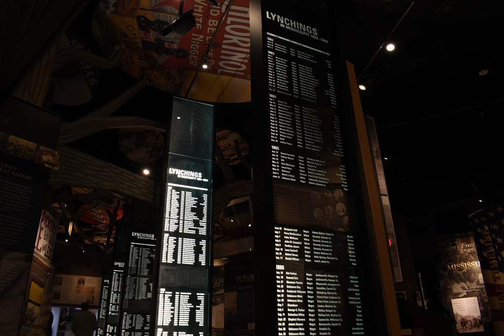 Lynching monoliths at the Mississippi Civil Rights Museum display the names of more than 600 victims of documented racial killings, March 26, 2026, in Jackson, Miss. (AP Photo/Sophie Bates)