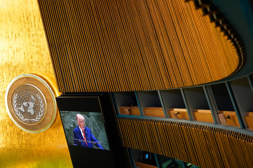 President Donald Trump appears on a screen inside the General Assembly Hall as he addresses the 80th session of the United Nations General Assembly, Tuesday, Sept. 23, 2025, at U.N. headquarters. (AP Photo/Yuki Iwamura)