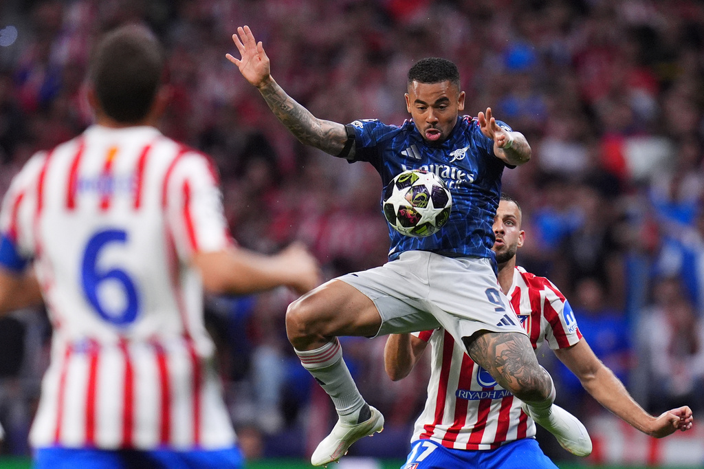 FILE - Arsenal's Gabriel Jesus controls the ball during a Champions League semifinal, first leg, soccer match between Atletico Madrid and Arsenal in Madrid, April 29, 2026. (AP Photo/Manu Fernandez, File)