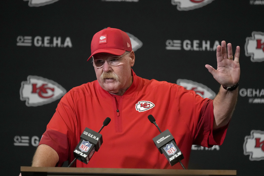 Kansas City Chiefs head coach Andy Reid speaks during a news conference following an NFL football game against the Philadelphia Eagles Sunday, Sept. 14, 2025, in Kansas City, Mo. (AP Photo/Charlie Riedel)