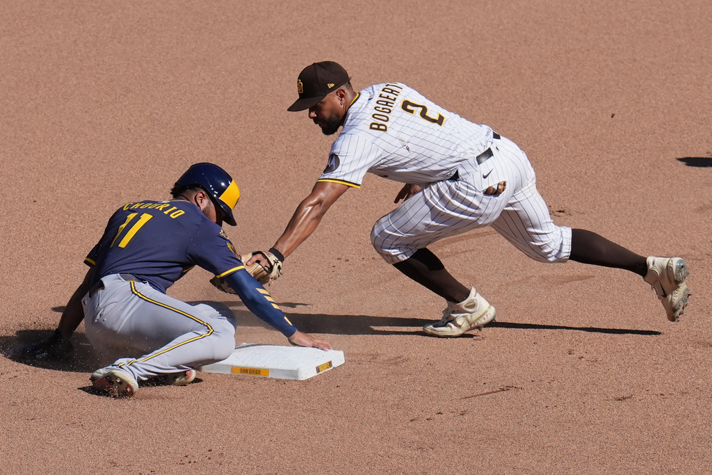 Milwaukee Brewers' Jackson Chourio, left, safely steals second base as San Diego Padres shortstop Xander Bogaerts (2) is late with the tag during the seventh inning of a baseball game Wednesday, Sept. 24, 2025, in San Diego. (AP Photo/Gregory Bull)