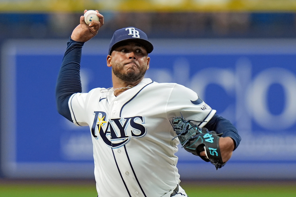 Tampa Bay Rays pitcher Freddy Peralta delivers to the Houston Astros during the first inning of a baseball game Sunday, Sept. 13, 2026, in St. Petersburg, Fla. (AP Photo/Chris O'Meara)