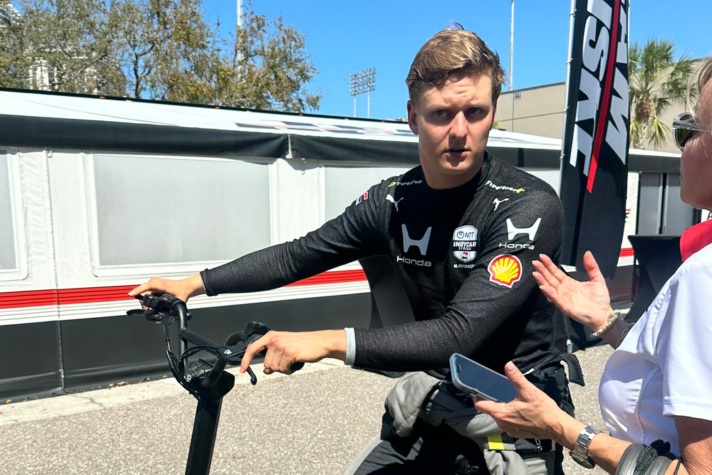 Mick Schumacher is pictured at the IndyCar race Sunday, March 1, 2026, in St. Petersburg, Fla., after he was involved in a crash on the first lap of the season-opening race. (AP Photo/Jenna Fryer)