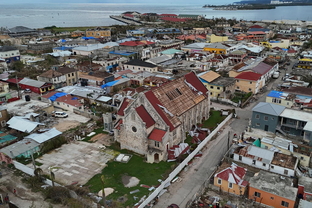 CORRECTS CITY - An aerial view of Falmouth, Jamaica, Friday, Oct. 31, 2025, in the aftermath of Hurricane Melissa. (AP Photo/Matias Delacroix)