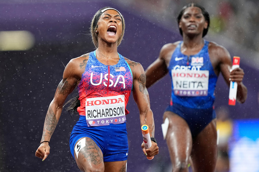 FILE - United States' Sha'Carri Richardson celebrates as she anchors the team to gold ahead of Britain's Daryll Neita in the women's 4 X 100 meters relay final at the World Athletics Championships in Tokyo, Sept. 21, 2025. (AP Photo/Petr David Josek, File) FILE - United States' Sha'Carri Richardson celebrates as she anchors the team to gold ahead of Britain's Daryll Neita in the women's 4 X 100 meters relay final at the World Athletics Championships in Tokyo, Sept. 21, 2025. (AP Photo/Petr David Josek, File)