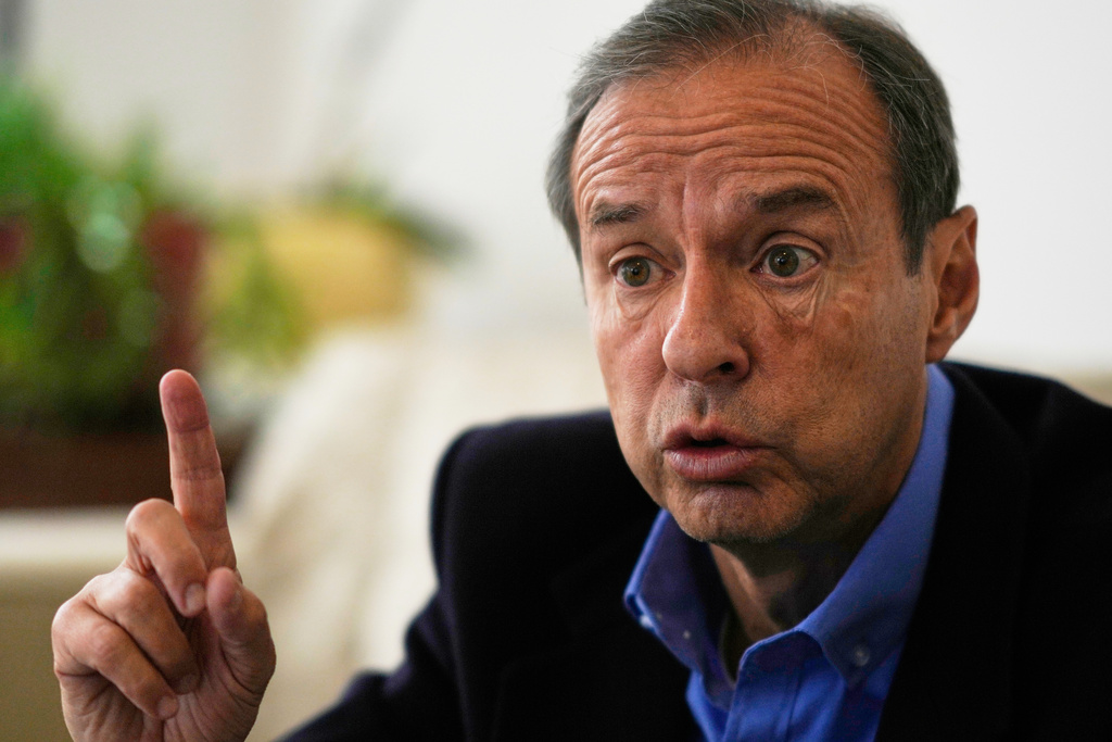Presidential candidate Jorge "Tuto" Quiroga gives an interview in La Paz, Bolivia, Monday, Aug. 25, 2025. (AP Photo/Juan Karita)
