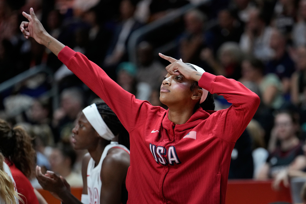 Angel Reese, of the United States, reacts during the Women's Basketball World Cup final match between the United States and France in Berlin, Sunday, Sept. 13, 2026. (AP Photo/Ebrahim Noroozi)