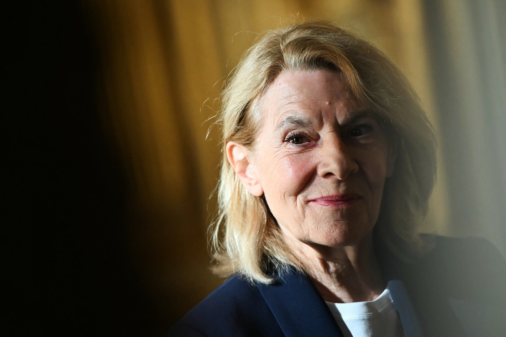 France's Culture Minister Catherine Pegard speaks to the press during the reopening to the public of the Apollo Gallery, at the Louvre museum in Paris, Wednesday, July 22, 2026. (Lou Benoist/Pool Photo via AP)