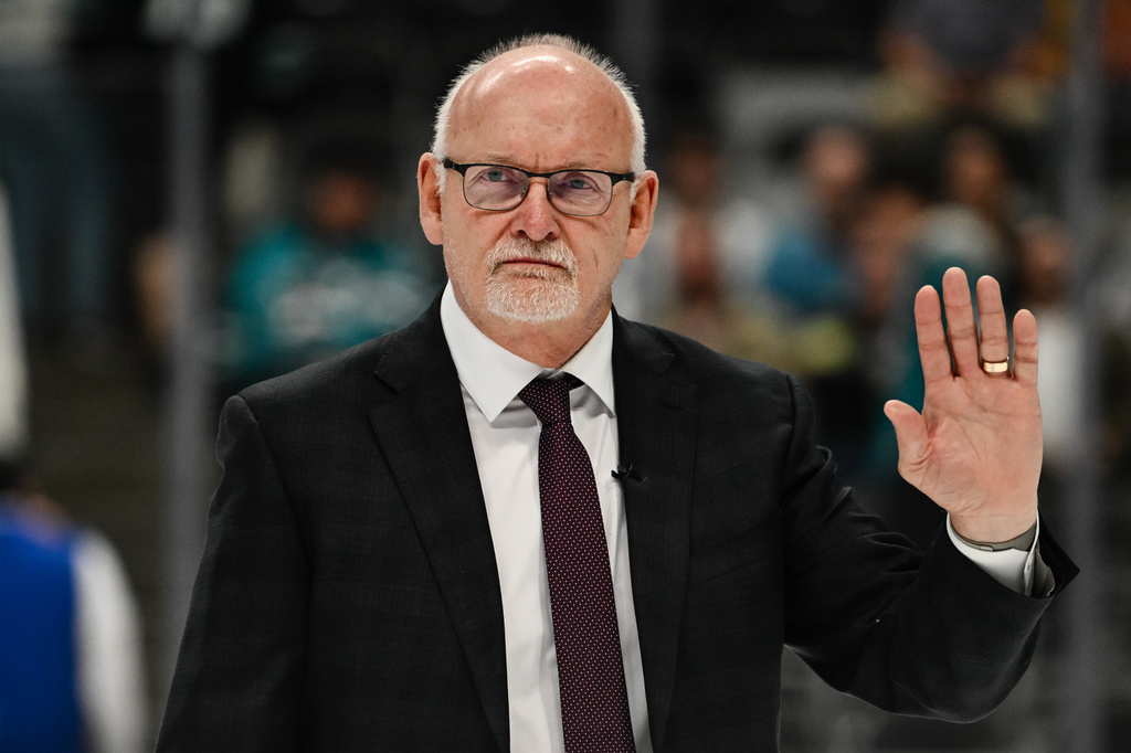 FILE - Buffalo Sabres head coach Lindy Ruff looks on after an NHL hockey game against the San Jose Sharks, March 19, 2026, in San Jose, Calif. (AP Photo/Thien-An Truong, File)