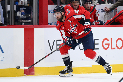Washington Capitals right wing Tom Wilson (43) skates with the puck during the first period of an NHL hockey game against the Tampa Bay Lightning, Tuesday, Oct. 14, 2025, in Washington. (AP Photo/Nick Wass) Washington Capitals right wing Tom Wilson (43) skates with the puck during the first period of an NHL hockey game against the Tampa Bay Lightning, Tuesday, Oct. 14, 2025, in Washington. (AP Photo/Nick Wass)