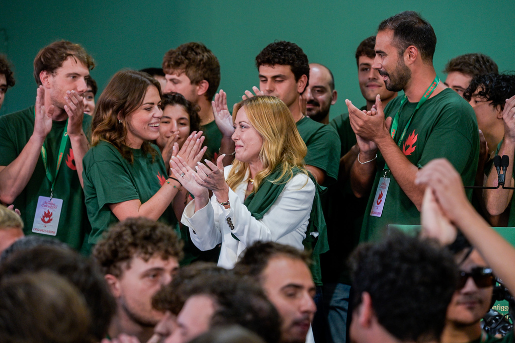 Italy's Prime Minister Giorgia Meloni attends at Fenix, the FdI youth festival, in Rome, Sunday, Sept. 20, 2026. (Valentina Stefanelli/LaPresse via AP)