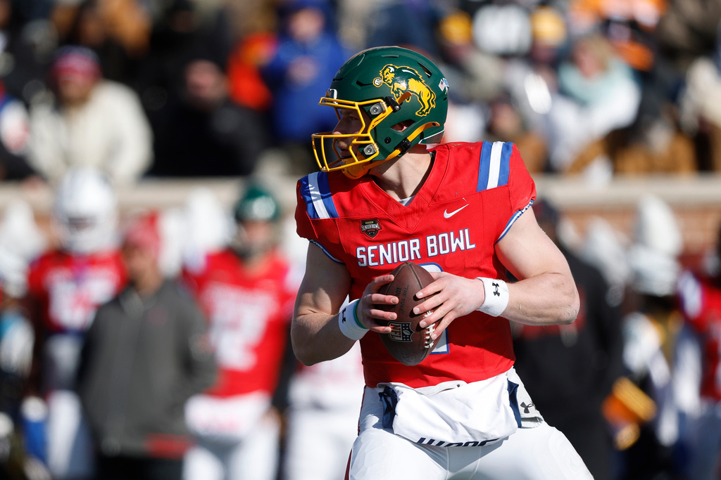 FILE - National Team quarterback Cole Payton (9), of North Dakota State, drops back to pass during the first half of the Senior Bowl NCAA college football game, Jan. 31, 2026, in Mobile, Ala. (AP Photo/Butch Dill, file)