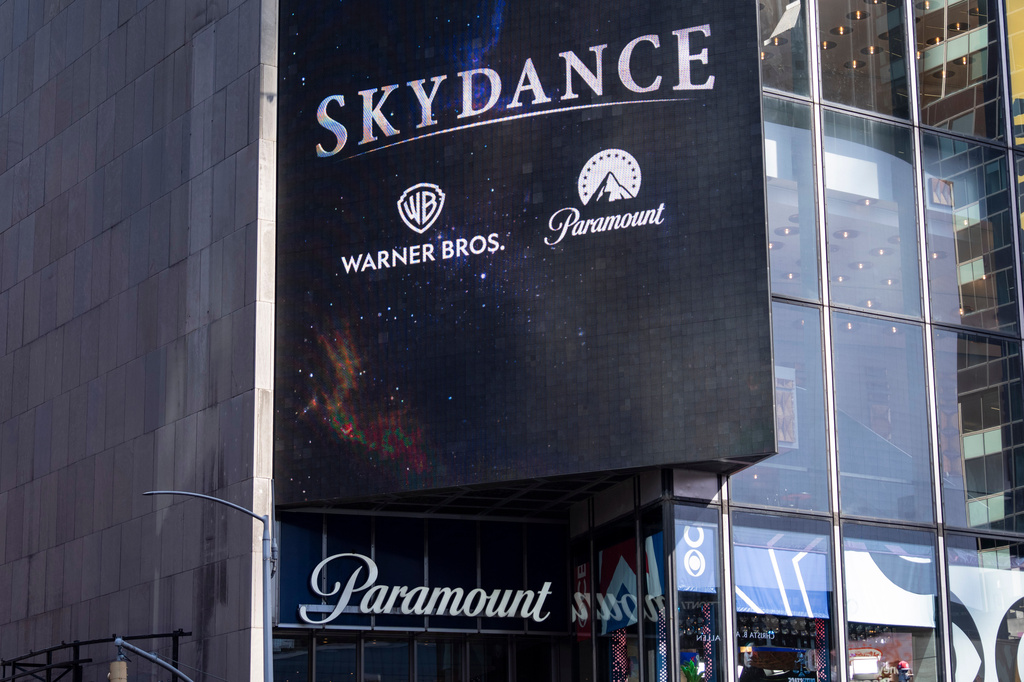 A Skydance billboard is displayed outside Paramount Global office in Times Square, Tuesday, Oct. 6, 2026, in New York. (AP Photo/Yuki Iwamura)