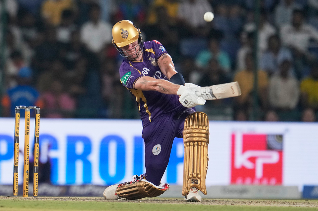 Kolkata Knight Riders' Finn Allen plays a shot during the Indian Premier League cricket match between Delhi Capitals and Kolkata Knight Riders in New Delhi, India, Friday, May 8, 2026. (AP Photo/Manish Swarup)
