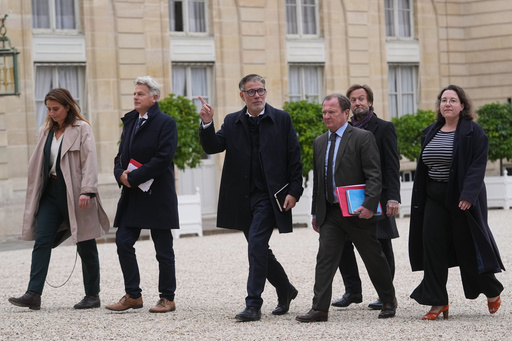 From left, French Green Party leader Marine Tondelier, French Communist Party leader Fabien Roussel, French socialist party secretary general Olivier Faure, Stephane Peu, member of French Communist Party, Boris Vallaud, president of the socialist parliament members at the National Assembly, and Cyrielle Chatelain, member of French Green Party arrive for a meeting with French president Emmanuel Macron at the Elysee Palace, in Paris, Friday, Oct. 10, 2025. (AP Photo/Thibault Camus) From left, French Green Party leader Marine Tondelier, French Communist Party leader Fabien Roussel, French socialist party secretary general Olivier Faure, Stephane Peu, member of French Communist Party, Boris Vallaud, president of the socialist parliament members at the National Assembly, and Cyrielle Chatelain, member of French Green Party arrive for a meeting with French president Emmanuel Macron at the Elysee Palace, in Paris, Friday, Oct. 10, 2025. (AP Photo/Thibault Camus)