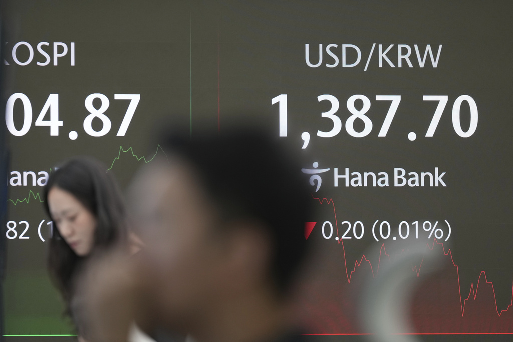 Dealers watch computer monitors near the screens showing the foreign exchange rate between U.S. dollar and South Korean won at a dealing room of Hana Bank in Seoul, South Korea, Wednesday, Sept. 10, 2025. (AP Photo/Lee Jin-man)