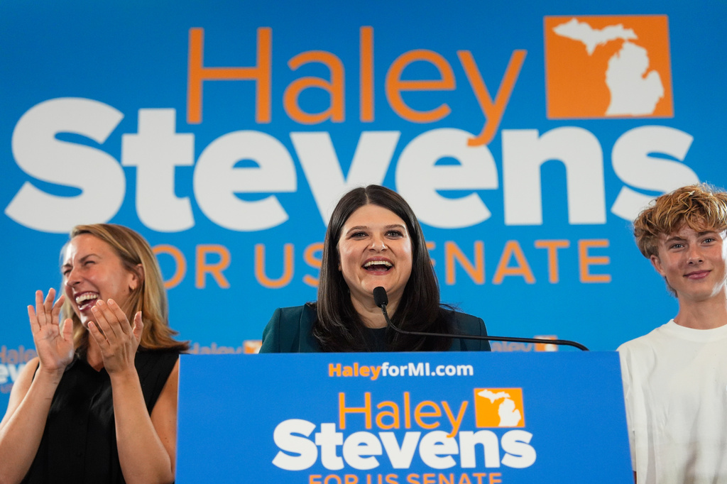 Rep. Haley Stevens, D-Mich., a candidate in the Democratic primary for U.S. Senate in Michigan, speaks during a primary election night event Wednesday, Aug. 5, 2026, in Detroit. (AP Photo/Paul Sancya)