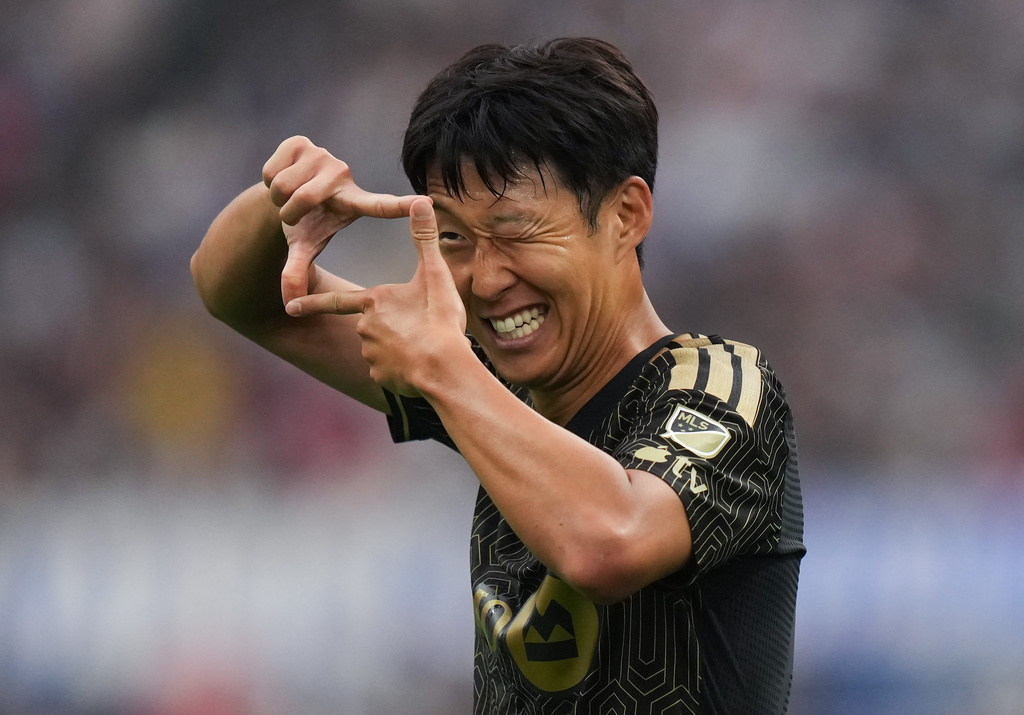 Los Angeles FC's Son Heung-min celebrates his goal during the first half of an MLS soccer match against the Vancouver Whitecaps, in Vancouver, Saturday, August 1, 2026. (Darryl Dyck/The Canadian Press via AP)