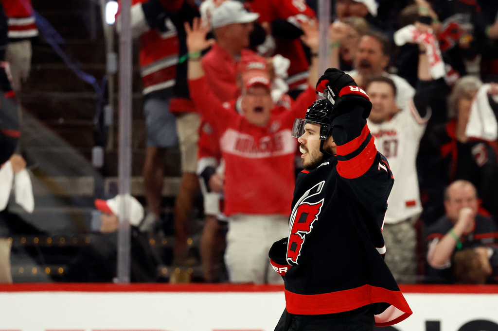 Carolina Hurricanes' Logan Stankoven (22) celebrates his goal against the Montreal Canadiens during the first period in Game 5 of the Eastern Conference finals NHL hockey Stanley Cup playoff series in Raleigh, N.C., Friday, May 29, 2026. (AP Photo/Karl DeBlaker)