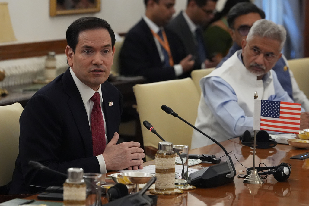 India's Minister of External Affairs S. Jaishankar, right, listens to U.S. Secretary of State Marco Rubio during the Quad ministerial meeting at Hyderabad House in New Delhi, India, Tuesday, May 26, 2026 (AP Photo/Julia Demaree Nikhinson, Pool)