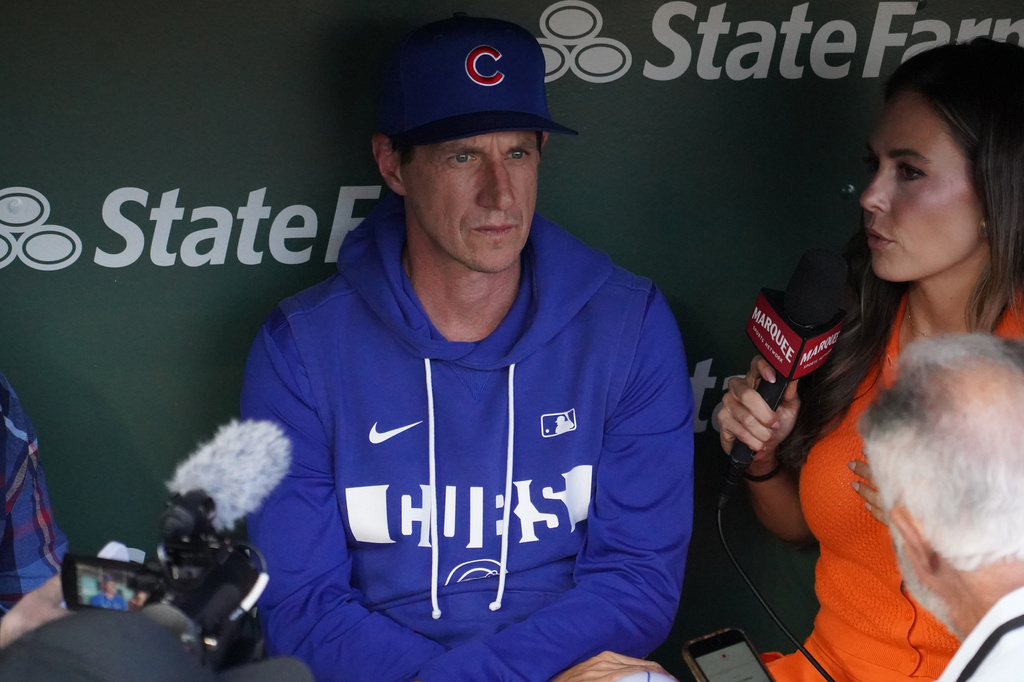 Chicago Cubs manager Craig Counsell talks to reporters in the dugout before a baseball game against the Athletics, Wednesday, June 3, 2026, in Chicago. (AP Photo/David Banks)