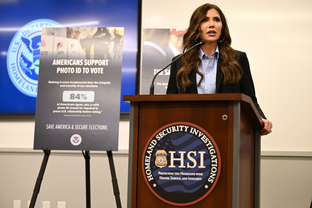 Homeland Security Secretary Kristi Noem speaks to press Friday, Feb. 13, 2026, in Scottsdale, Ariz. (AP Photo/Caitlin O'Hara)