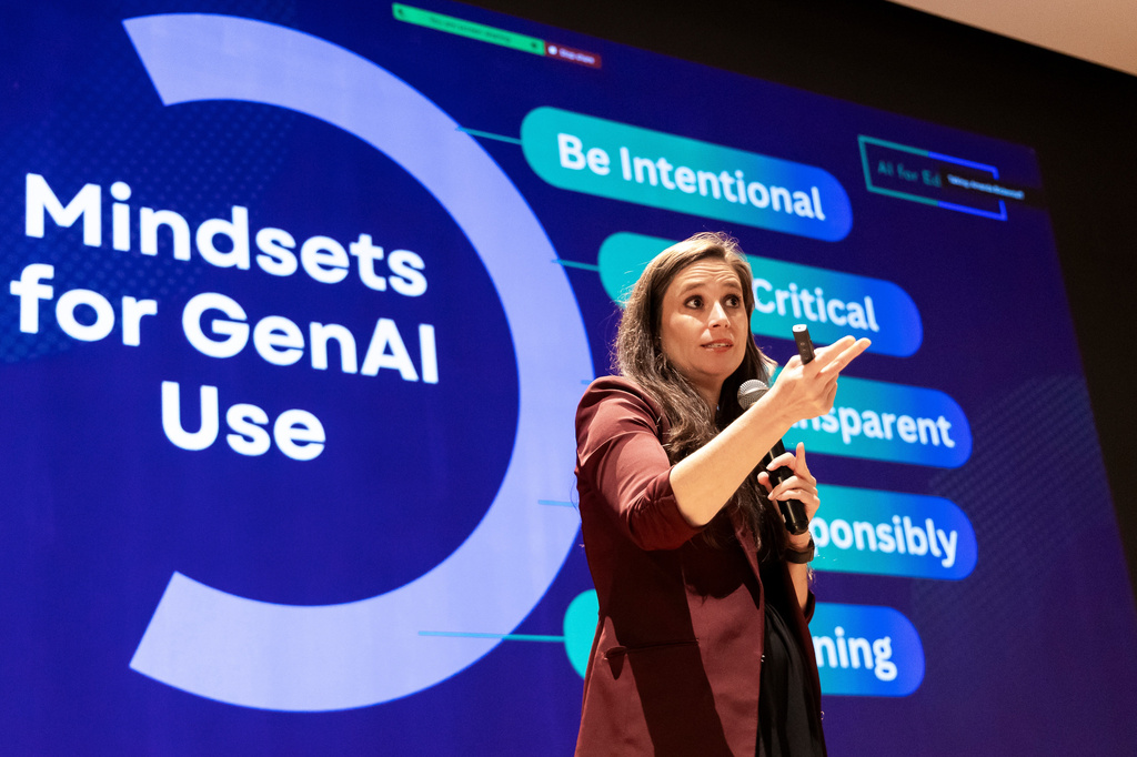Amanda Bickerstaff, CEO of AI for Education, speaks at Academic Magnet High School during the Charleston County School District Charleston Educator Symposium Wednesday, July 22, 2026 in North Charleston, S.C. (AP Photo/Mic Smith)