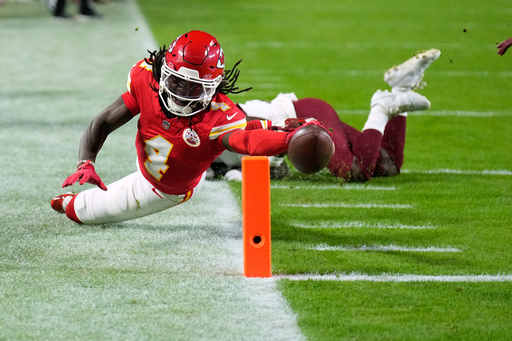Kansas City Chiefs wide receiver Rashee Rice heads out of bounds just short of the end zone during the second half of an NFL football game against the Washington Commanders Monday, Oct. 27, 2025, in Kansas City, Mo. (AP Photo/Charlie Riedel) Kansas City Chiefs wide receiver Rashee Rice heads out of bounds just short of the end zone during the second half of an NFL football game against the Washington Commanders Monday, Oct. 27, 2025, in Kansas City, Mo. (AP Photo/Charlie Riedel)
