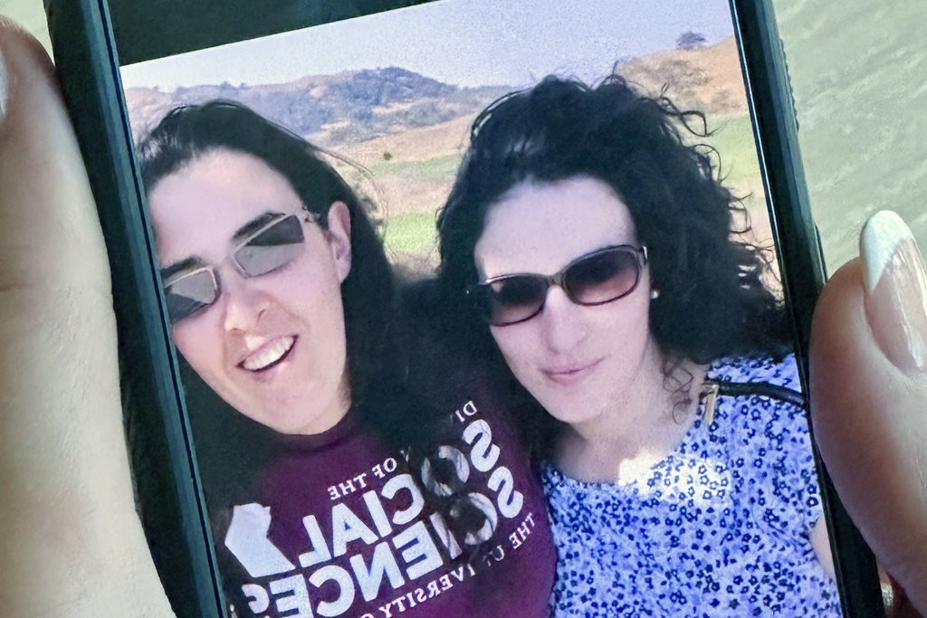 FILE - In this Sept., 2018 selfie image provided by Emma Tsurkov, right, she and Elizabeth Tsurkov are shown in Santa Clara Valley, Calif. (AP Photo/Eric Tucker, file)