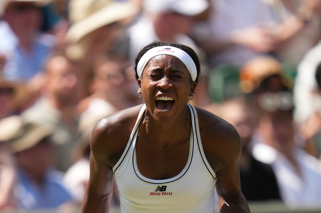 Coco Gauff of the United States reacts after winning a game against Karolina Muchova of the Czech Republic in their semifinal women's singles match at the Wimbledon Tennis Championships in London, Thursday, July 9, 2026. (AP Photo/Kirsty Wigglesworth)