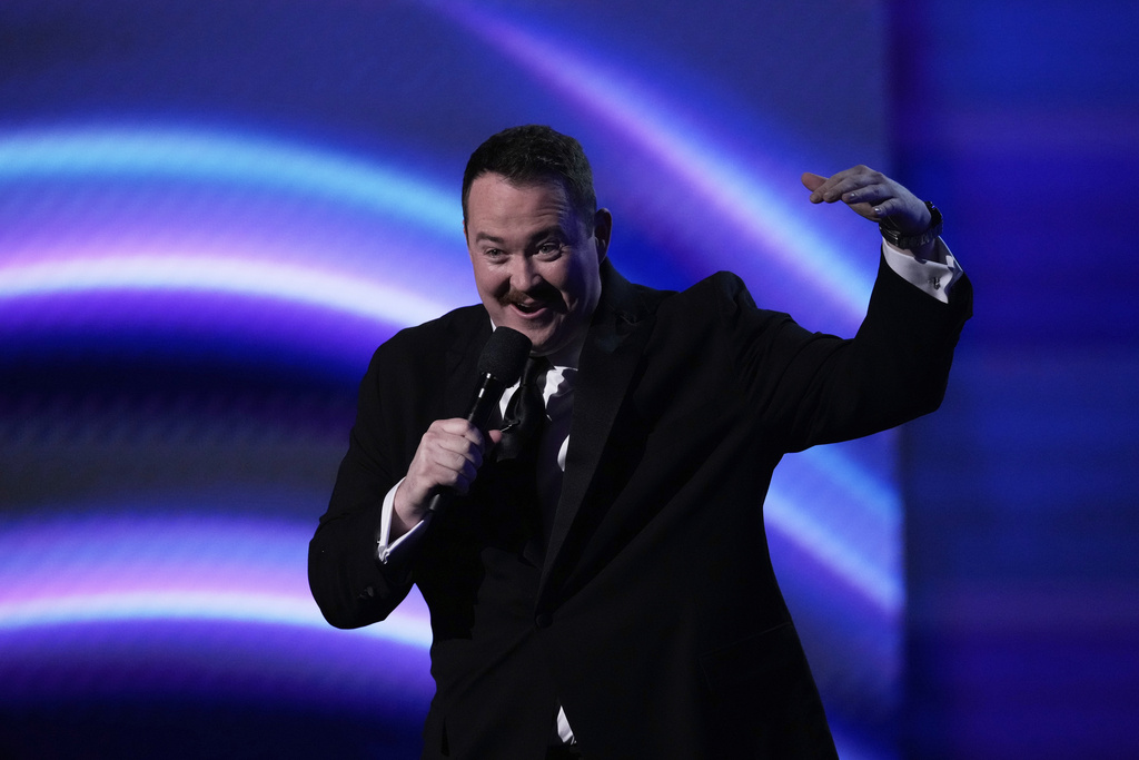 Host Shane Gillis speaks at the ESPY Awards at the Dolby Theatre in Los Angeles, Wednesday, July 16, 2025. (AP Photo/Mark J. Terrill)