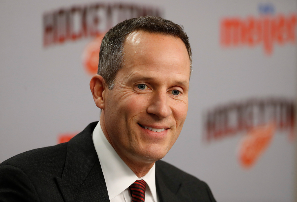 FILE - Chris Ilitch, Detroit Red Wings president and CEO, speaks before the team's NHL hockey game against the Toronto Maple Leafs, Oct. 11, 2018, in Detroit. (AP Photo/Paul Sancya, File)