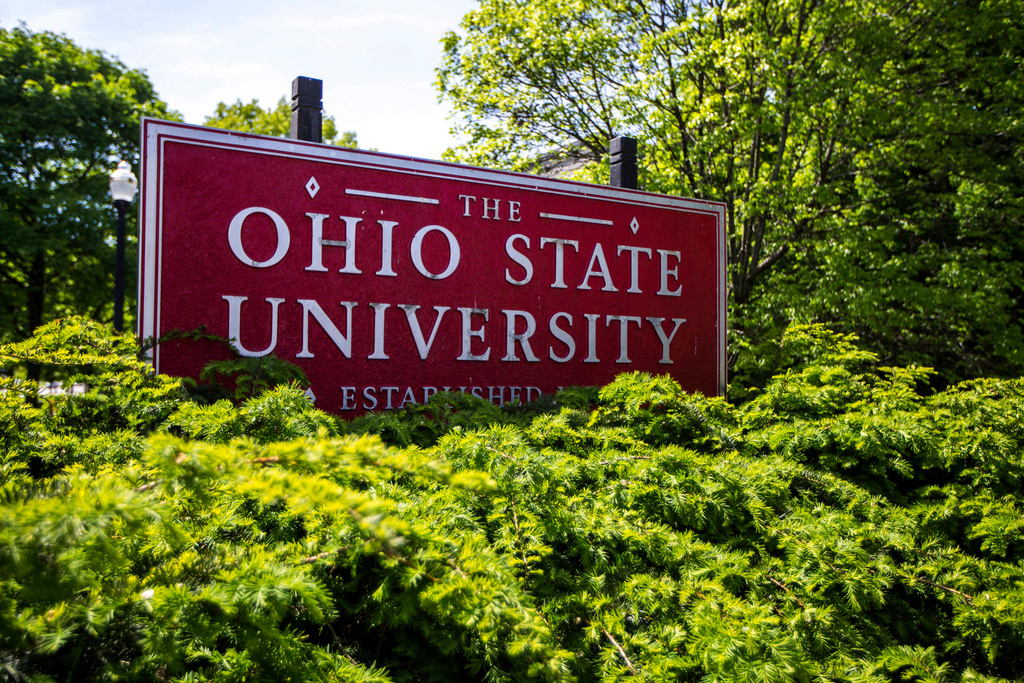 FILE - This May 8, 2019, file photo, shows a sign for Ohio State University in Columbus, Ohio. (AP Photo/Angie Wang, File)