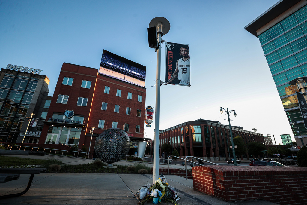 Flowers and words of support for Memphis Grizzlies forward Brandon Clarke, who died in Los Angeles at the age of 29, are seen at a small memorial outside the FedEx Forum in Memphis, Tenn., Tues., May 12, 2026. (Patrick Lantrip/Daily Memphian via AP)