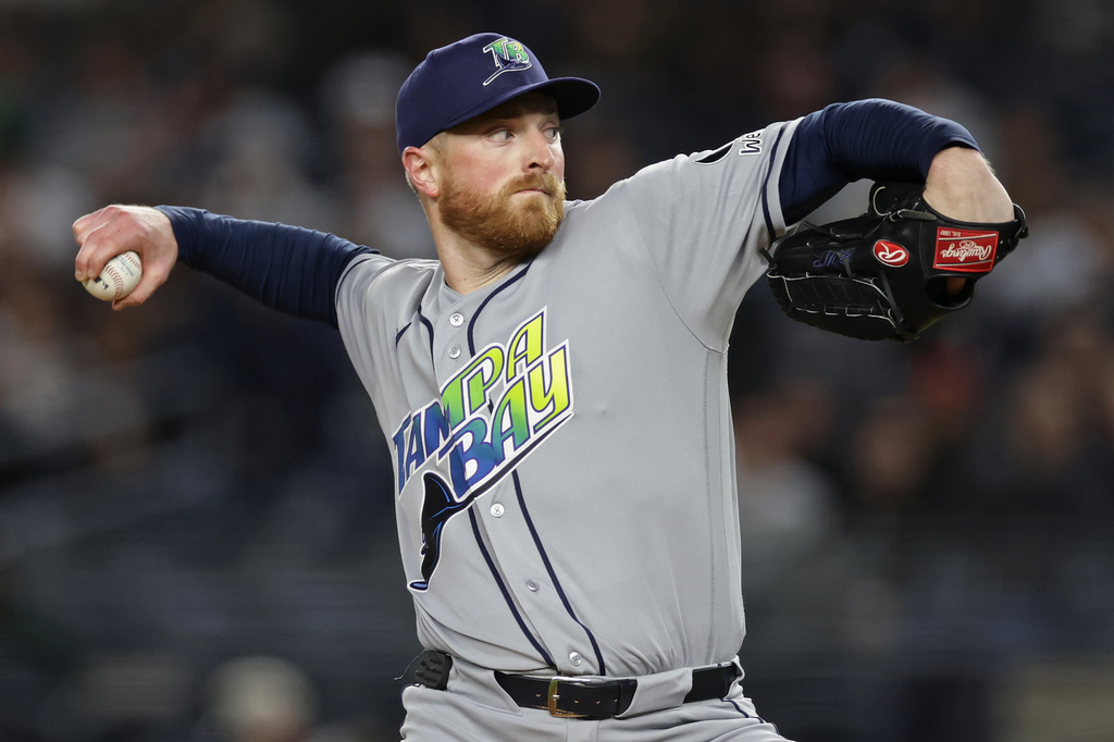 Tampa Bay Rays pitcher Drew Rasmussen throws in the first inning during the second baseball game of a doubleheader against the New York Yankees, Tuesday, Sept. 22, 2026, in New York. (AP Photo/Adam Hunger)